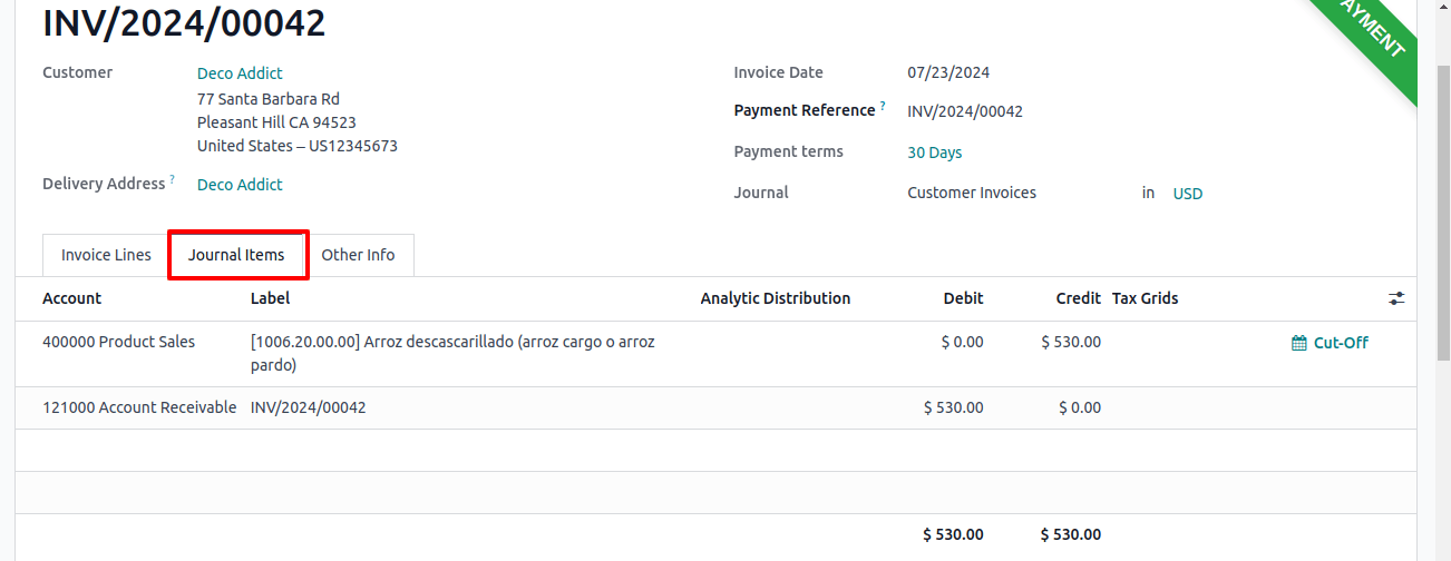 Customer Invoices Journal Item Tab