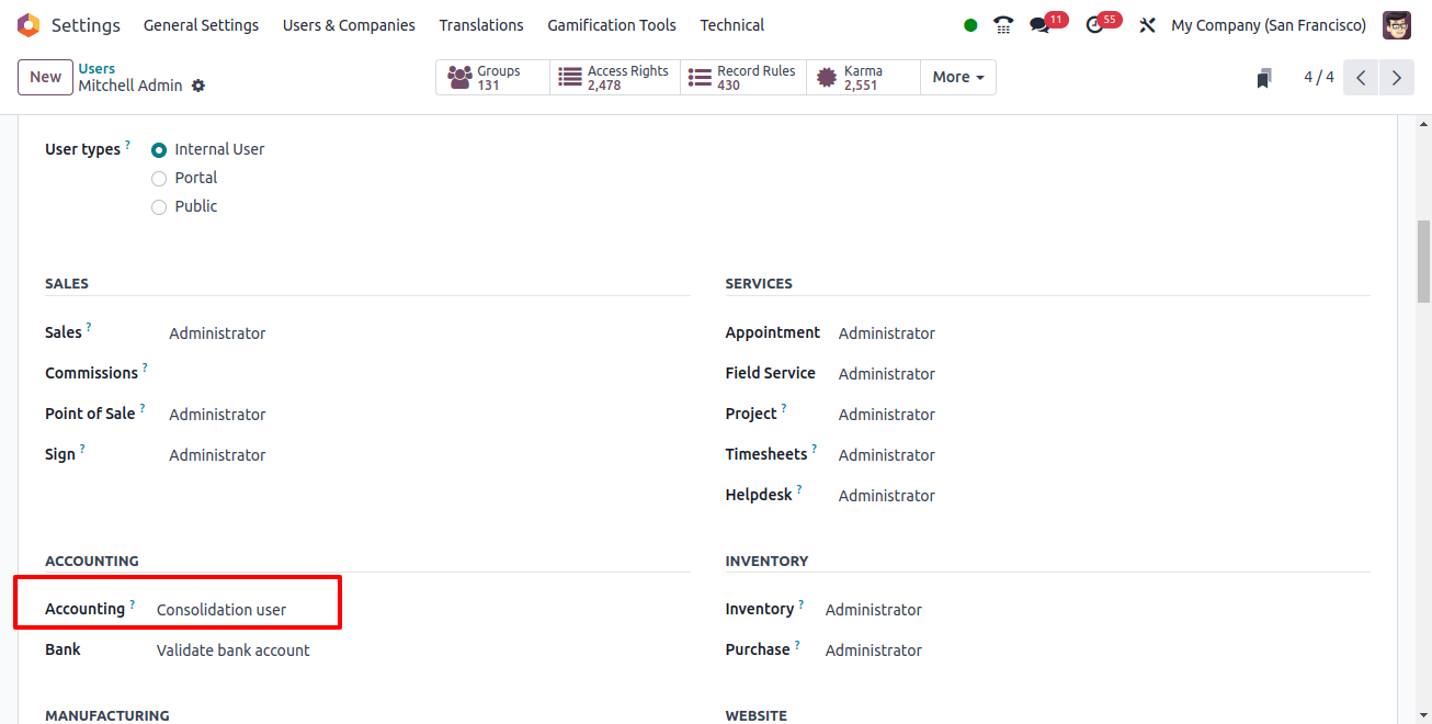 user set accounting in Consolidation user