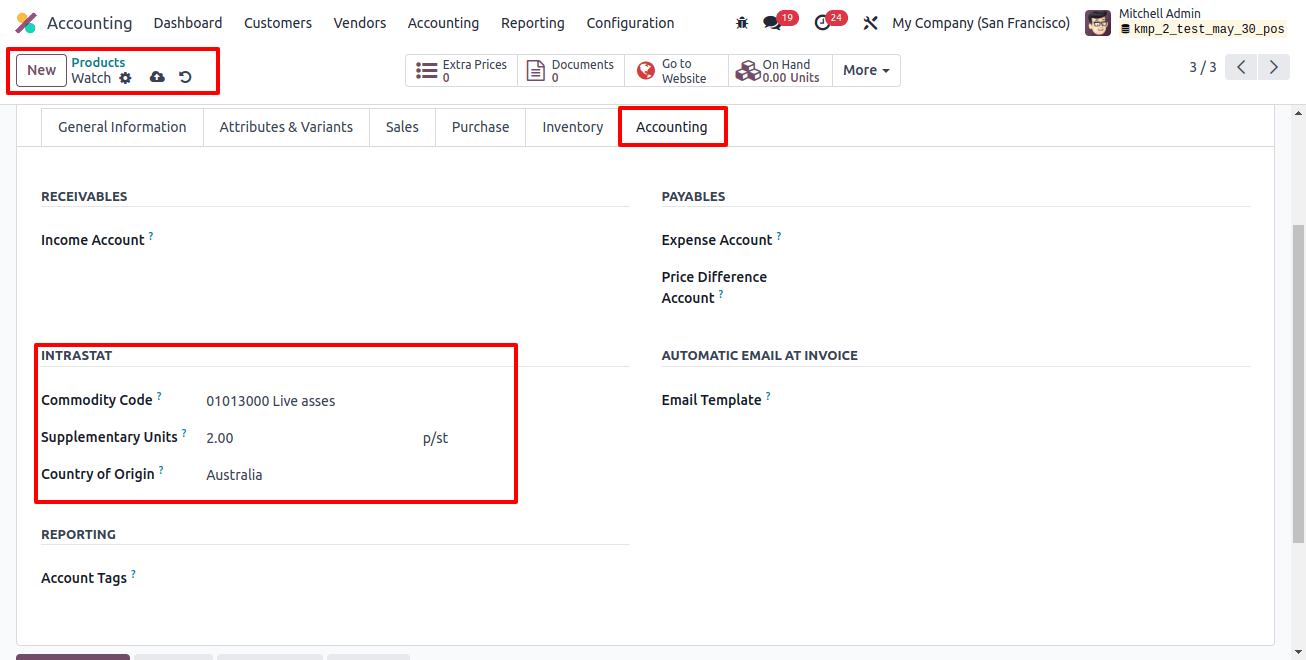 Intrastat Settings in a Product Configuration form