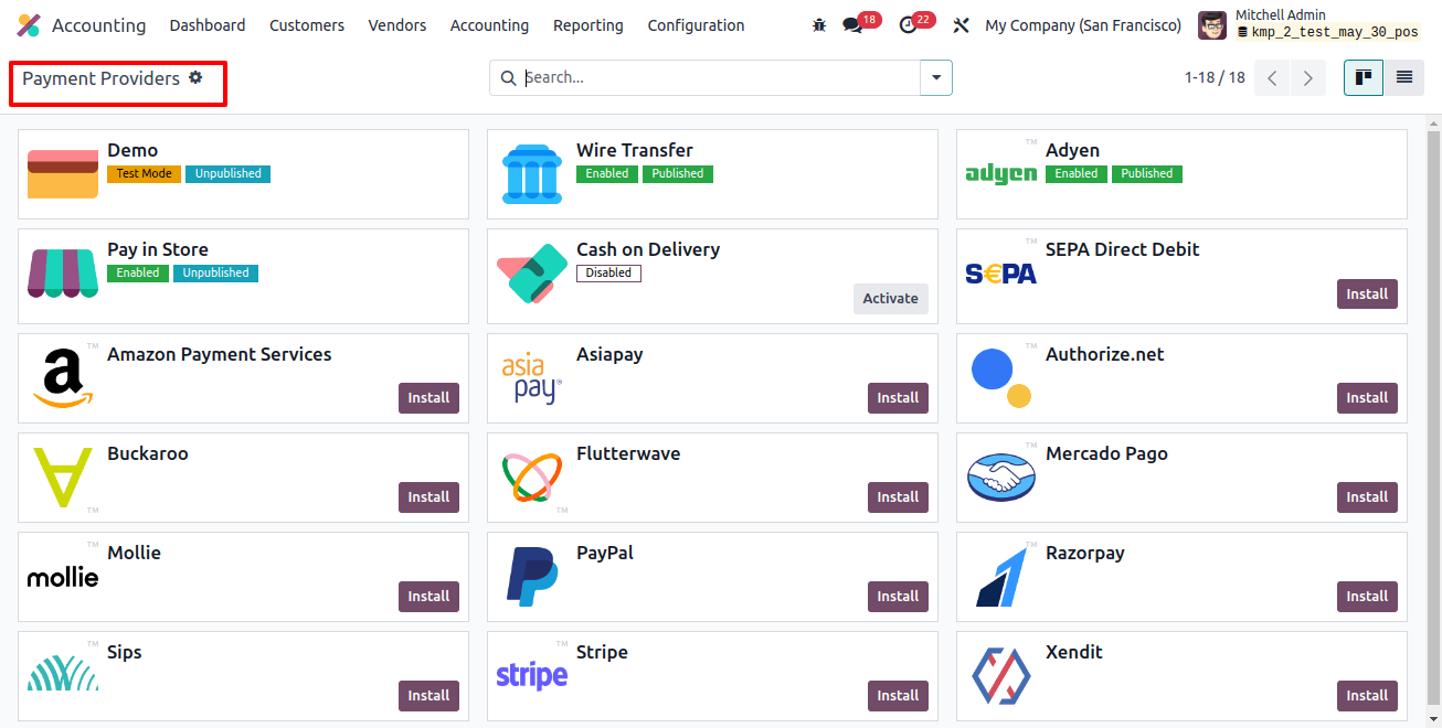 Payment Providers Menu