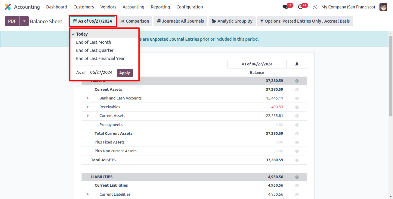 Time Period in Balance Sheet