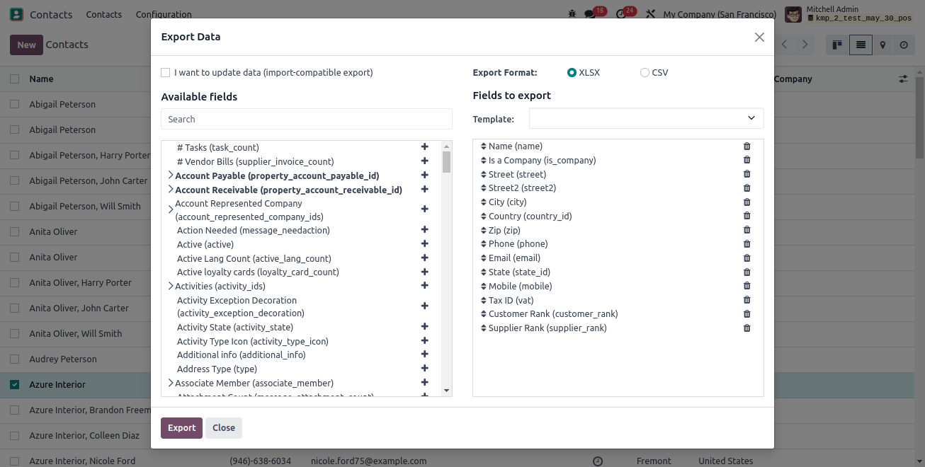 Availble Fields in Export Data Window