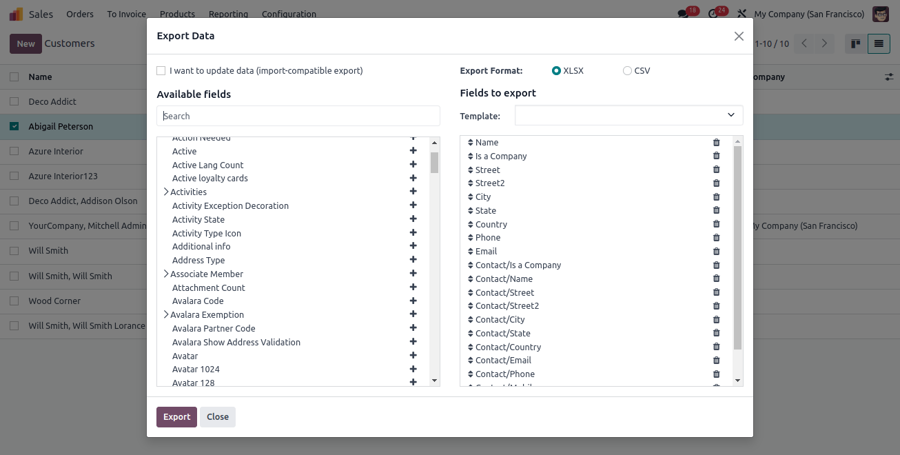 Availble Fields in Export Data Window