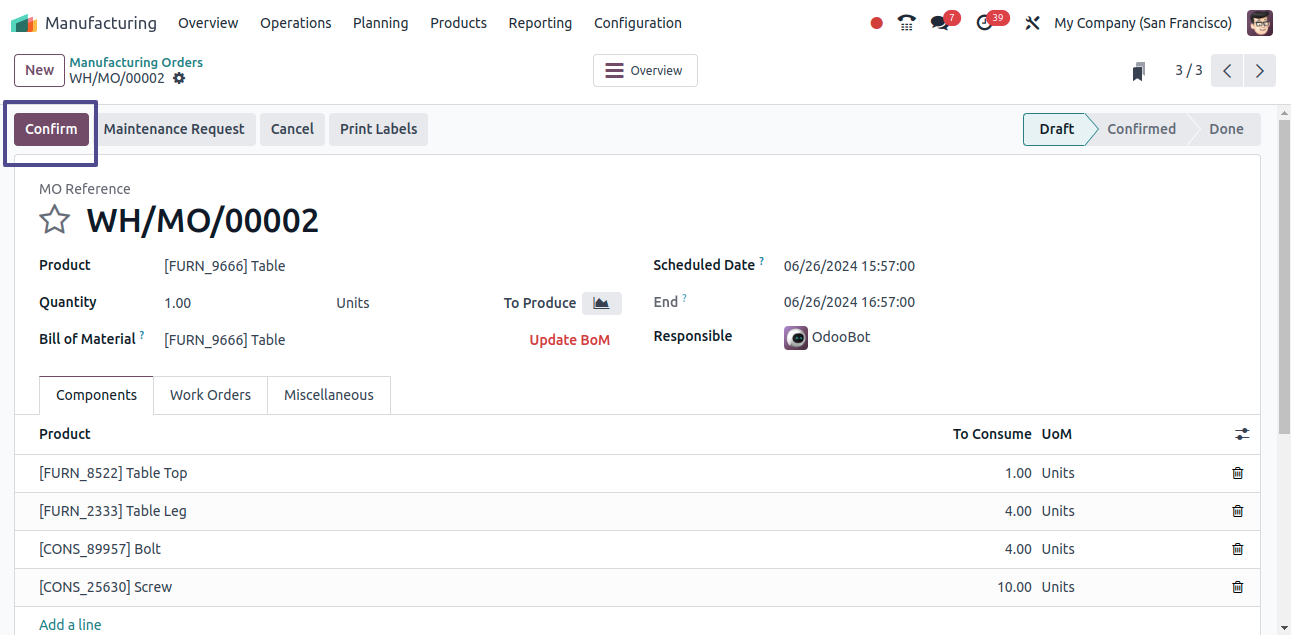 Create a New Manufacturing Order and Then Confirm it.