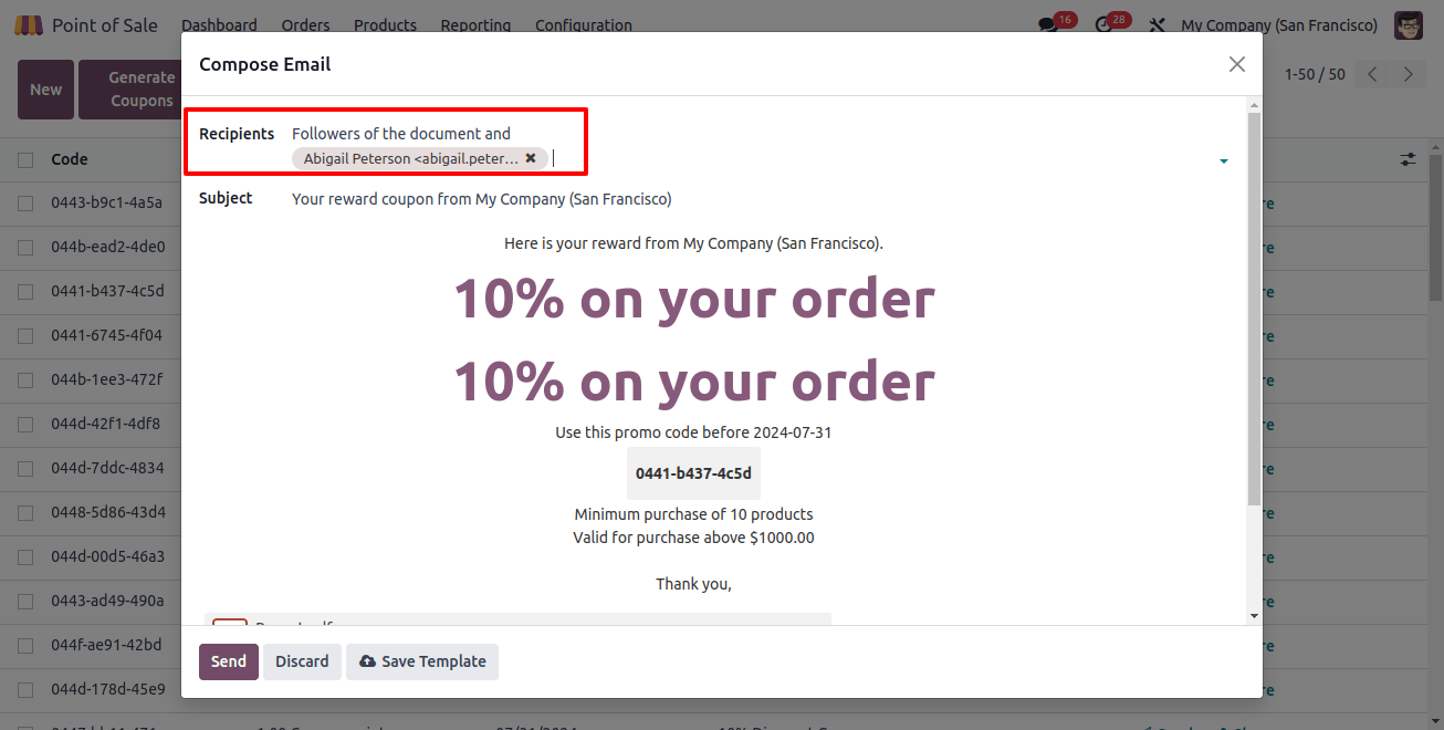 Sending Coupons Window in Odoo