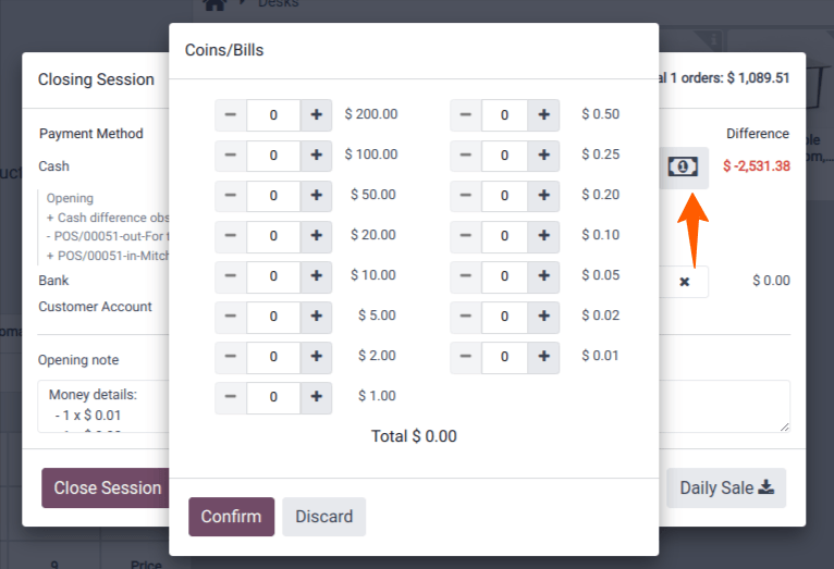 Coins/Bills pop-up Window