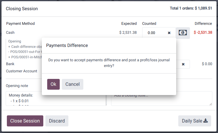 Payments Difference pop-up