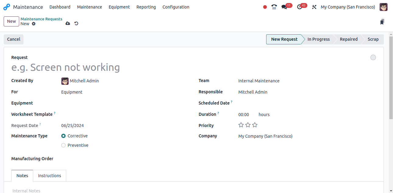Create New Maintenance Requests in Odoo