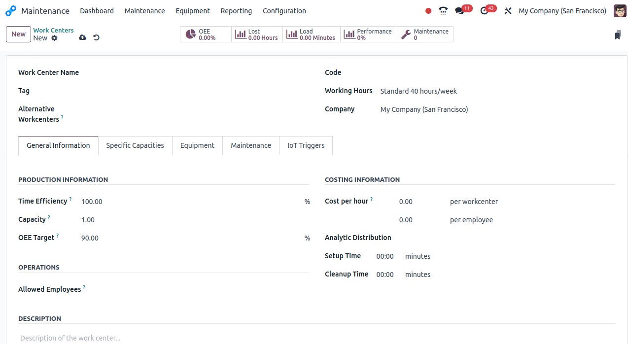 Add Data in Fields For Work Centers in Odoo