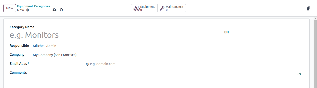 Add Data in Fields for Equipment Categories in Odoo