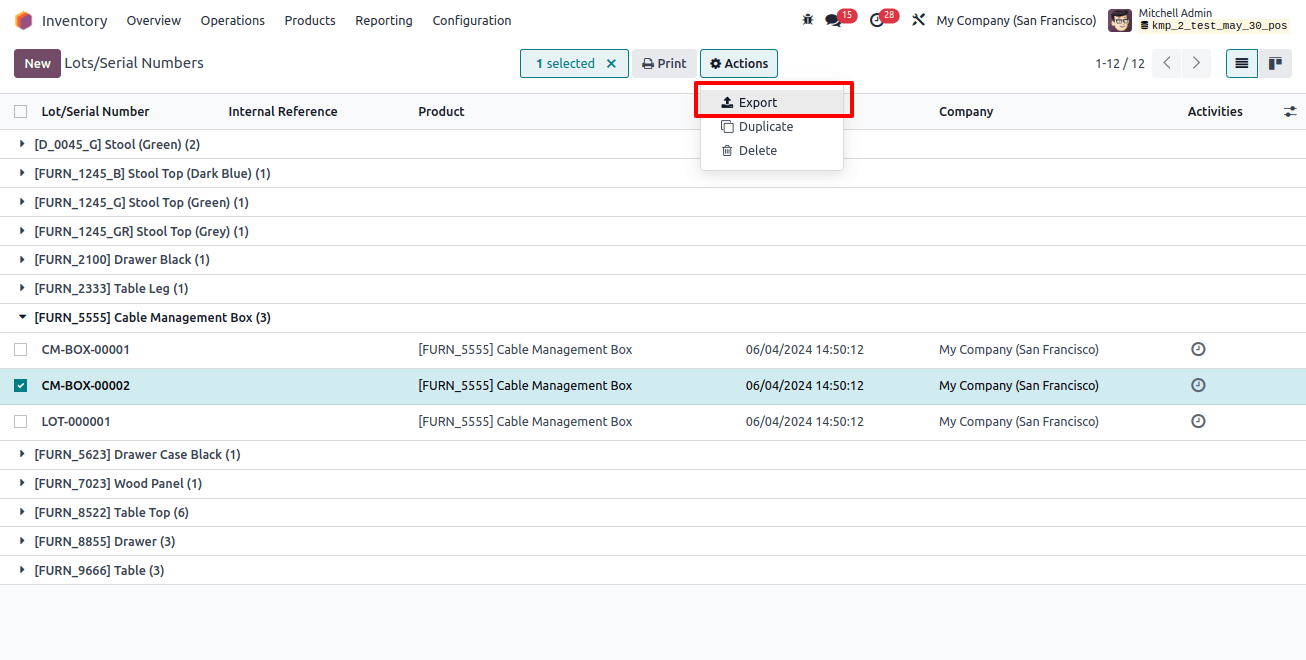 Inventroy lots/serial number Export Button