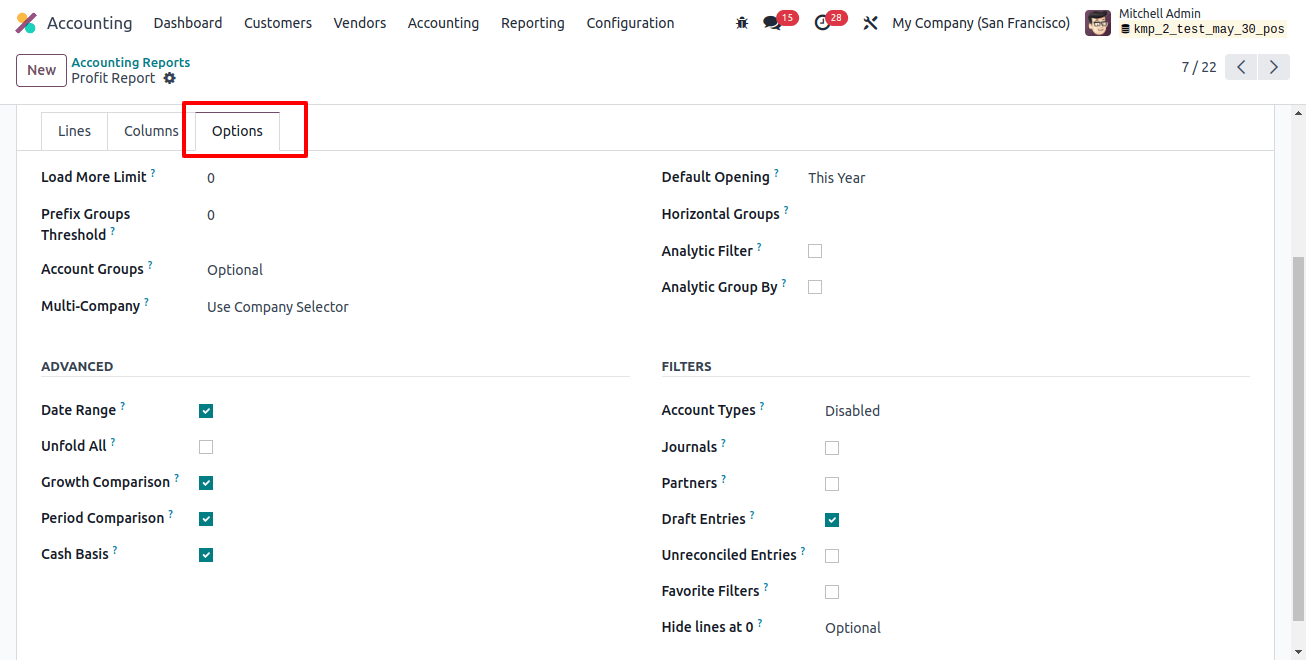 Accounting Reports Options Tab