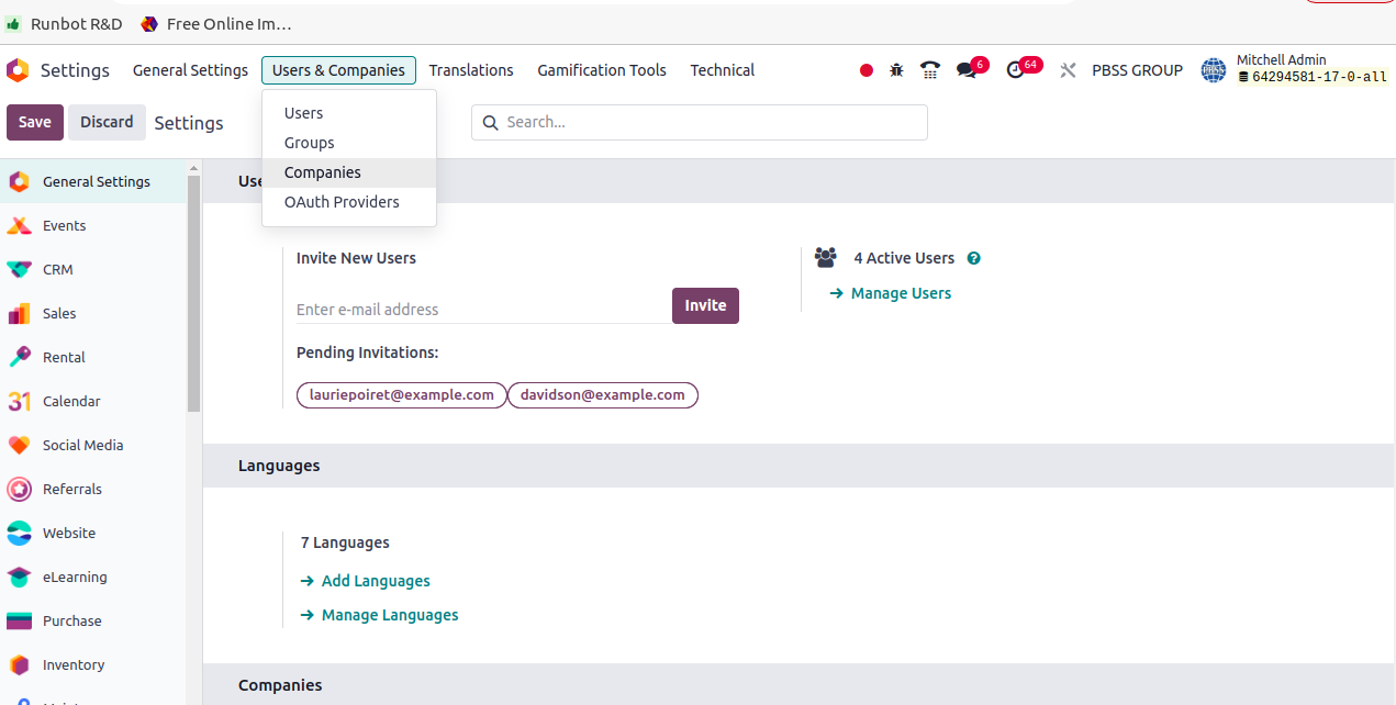 settings users & Comanies