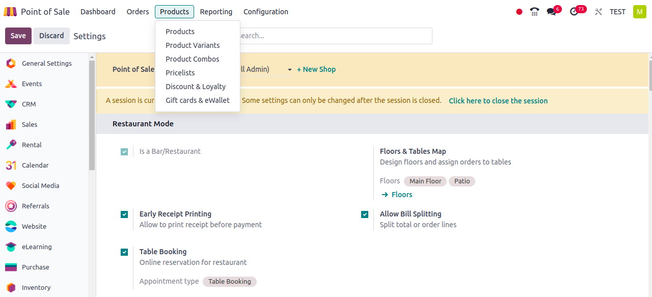 POS Products Menu