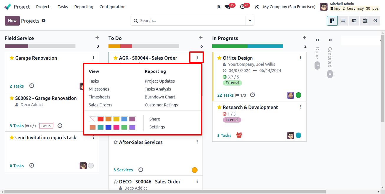 Click the three dots icon next to a project to see tasks