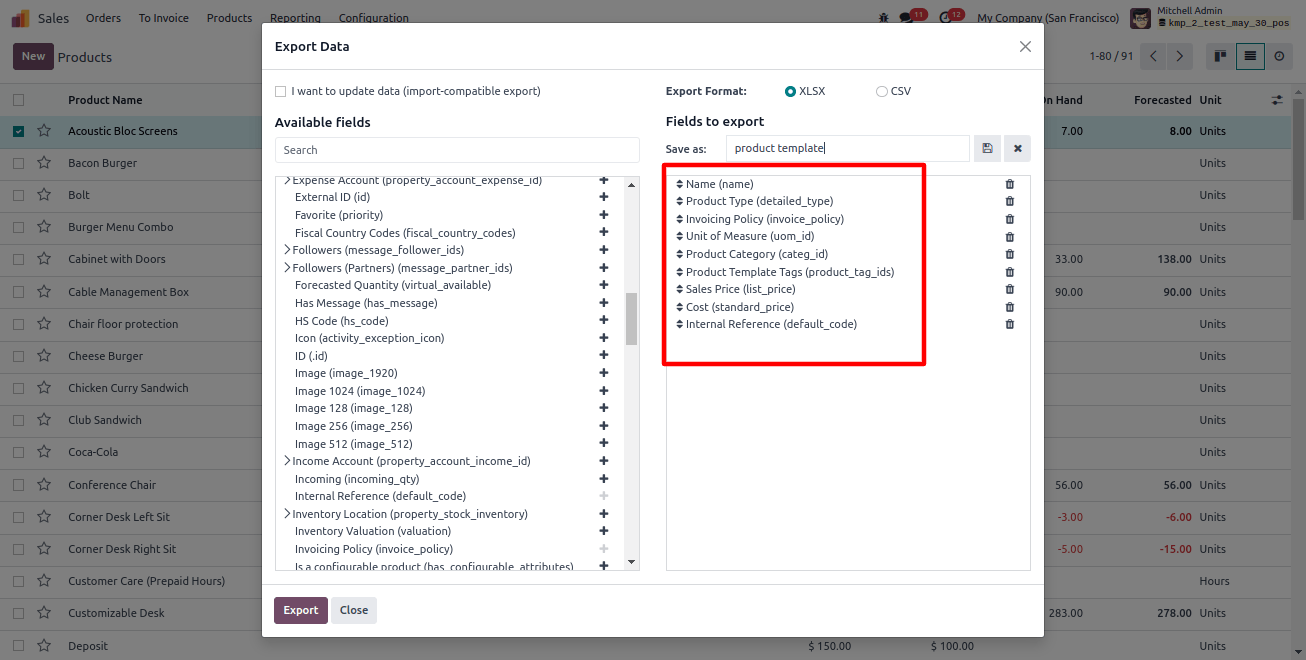 Export Product select fields