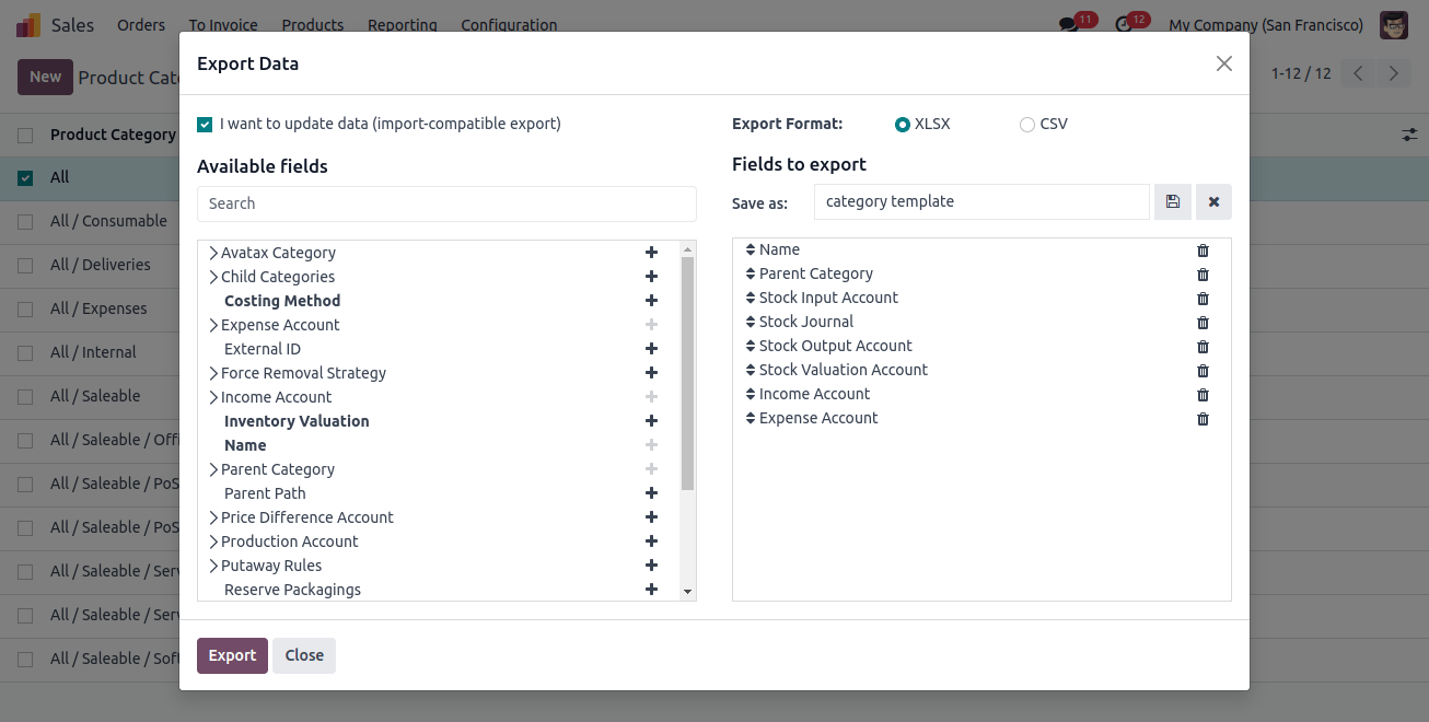 product categories Export Data select