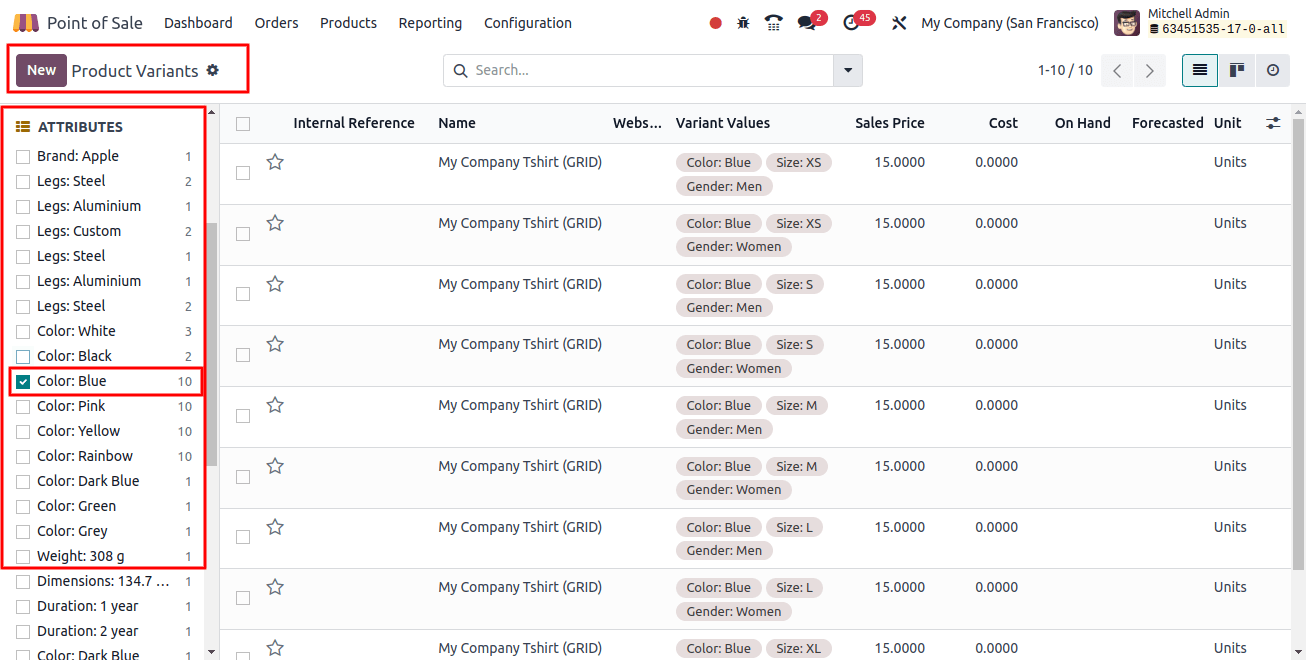 POS Product Variants in Product Category Color Blue