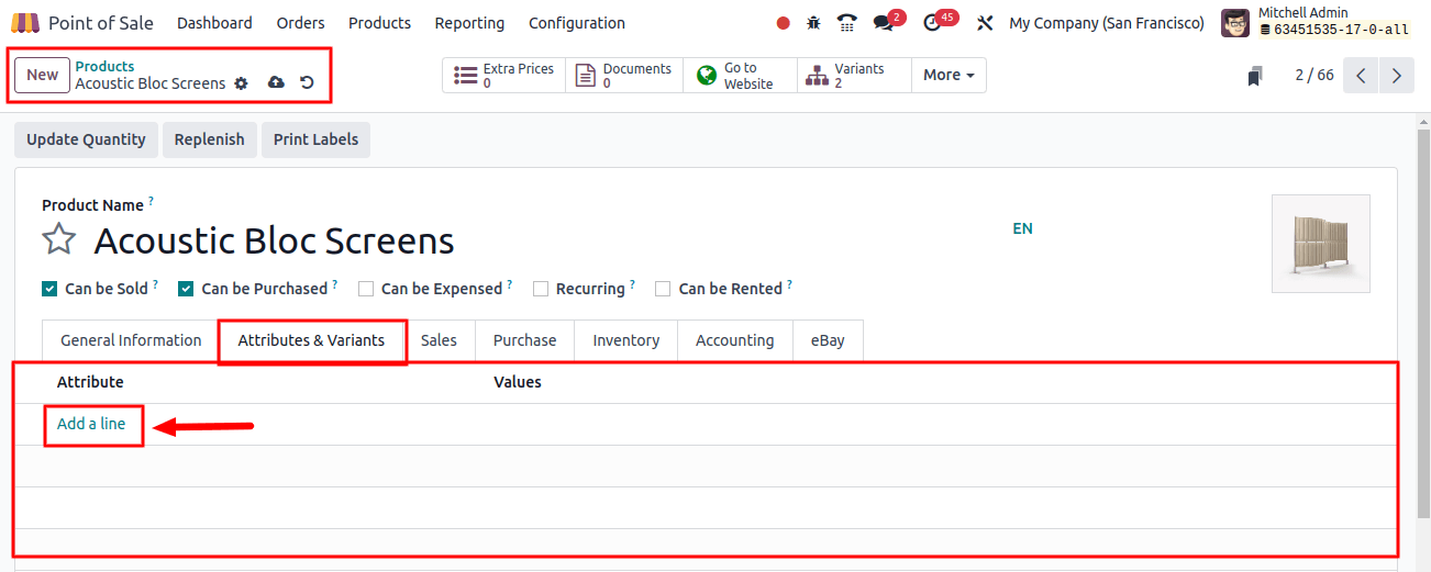 Product Attributes and variants add line