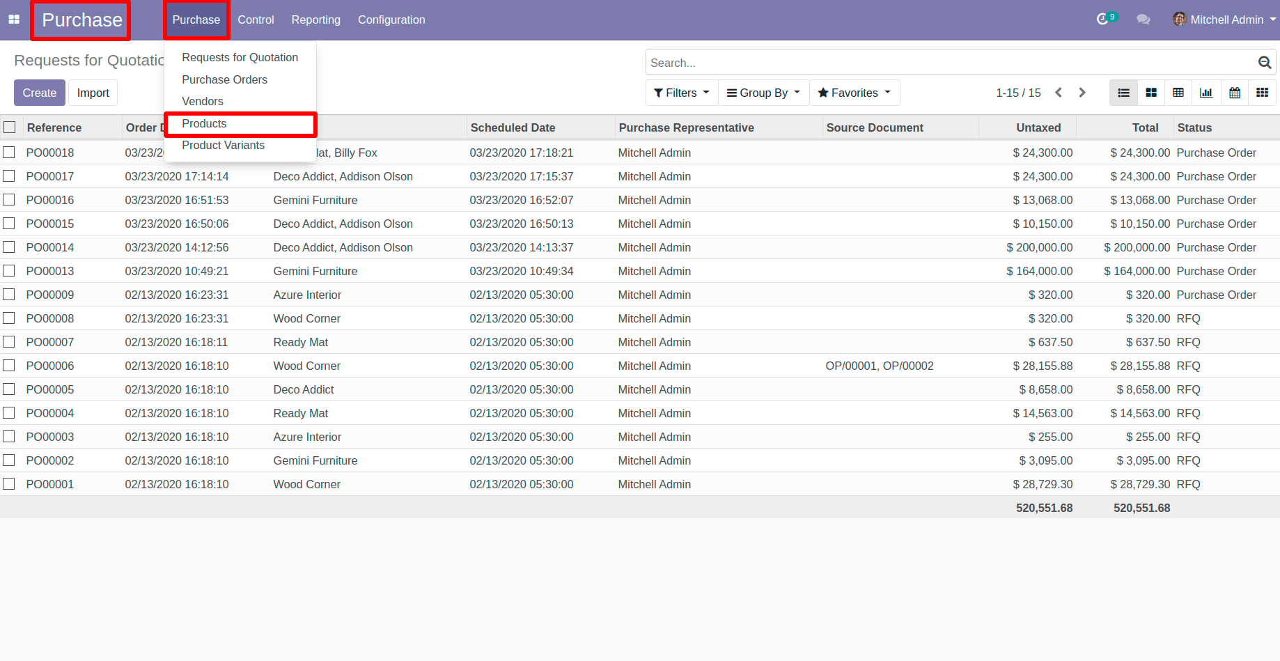 Goto Purchase and Click on the Products Menu in Odoo