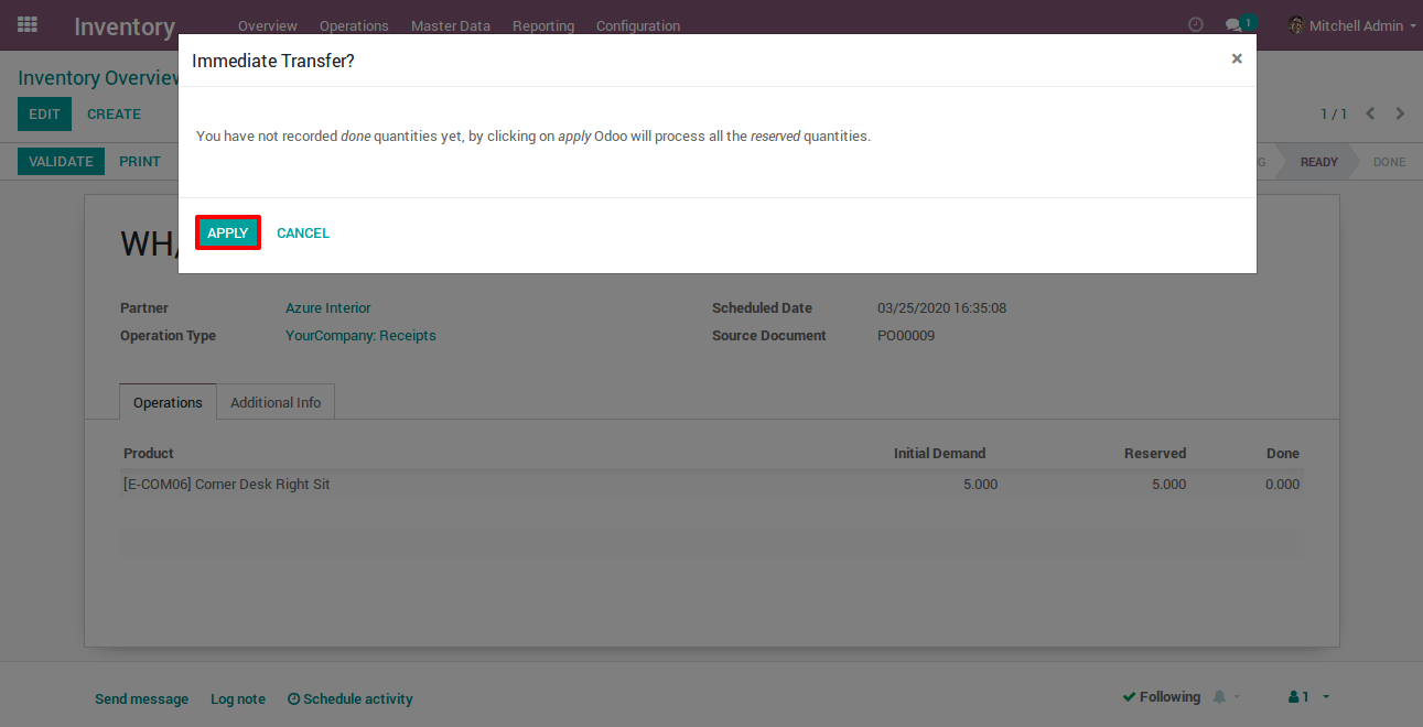 Click On Apply Button Then State Will Change to Done in Odoo