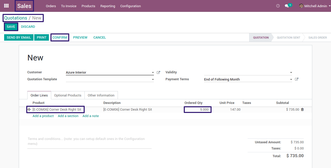 Enter The FIeld's Value and Confirm the Quotation in odoo