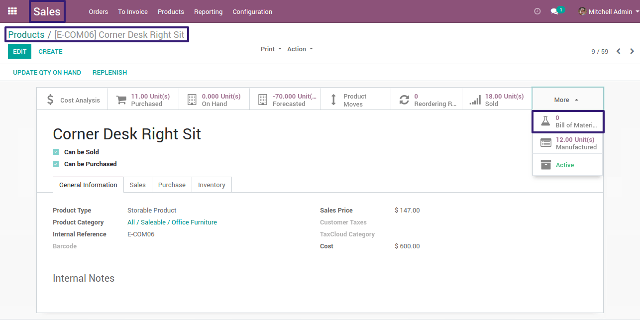 Select Bill Of Materials Smart Button in odoo