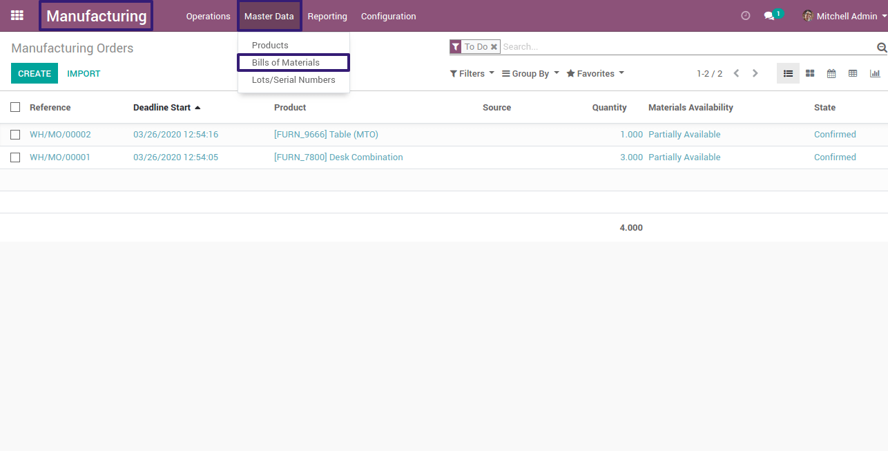 You Can Select Bill of Materials Menu in Manufacturing Module in Odoo