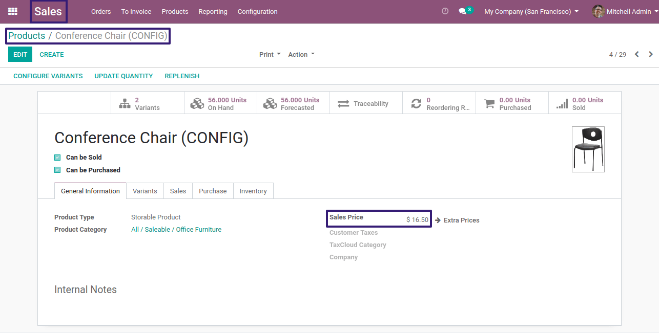 Goto Product and set Sales Price  In Odoo 13