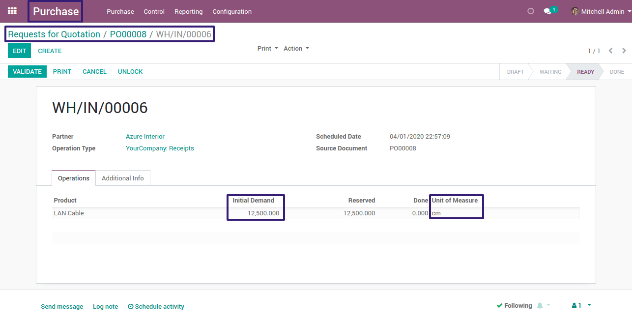 Check Initial Demand and UOM In Odoo