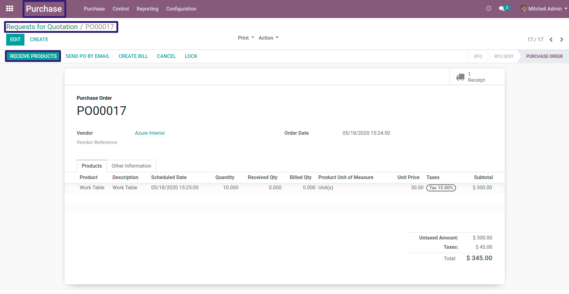 Click on Receive Product button in Odoo