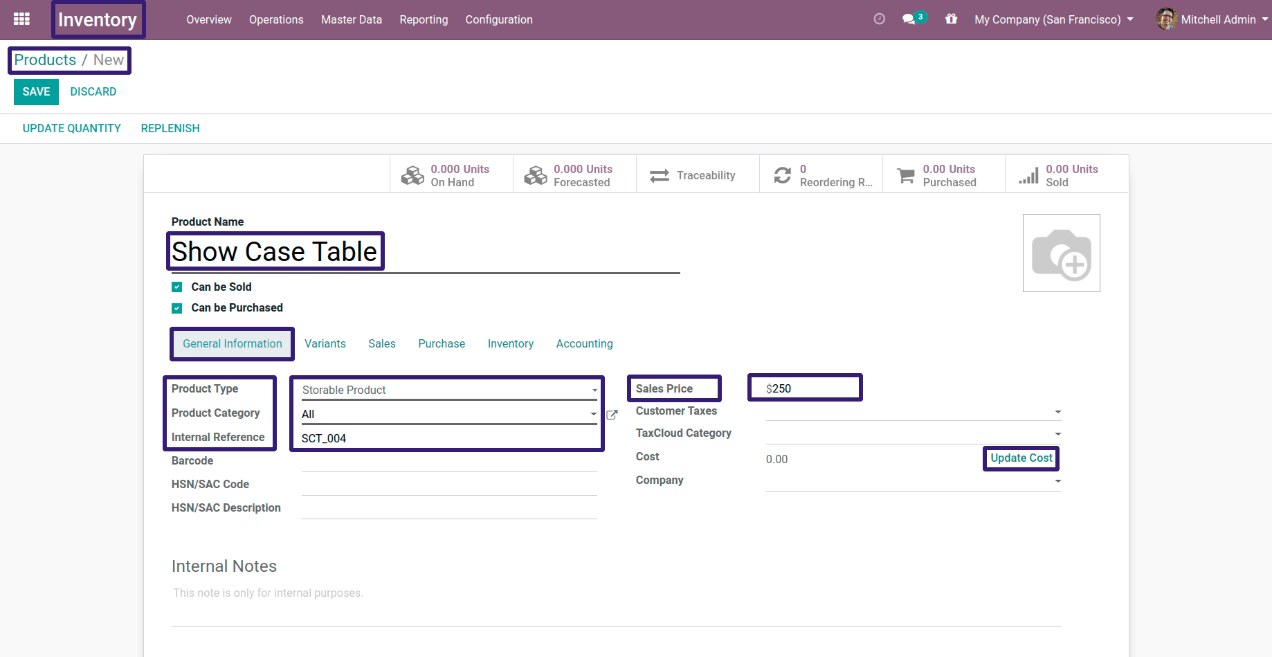 Click On Update Cost in Product in odoo13