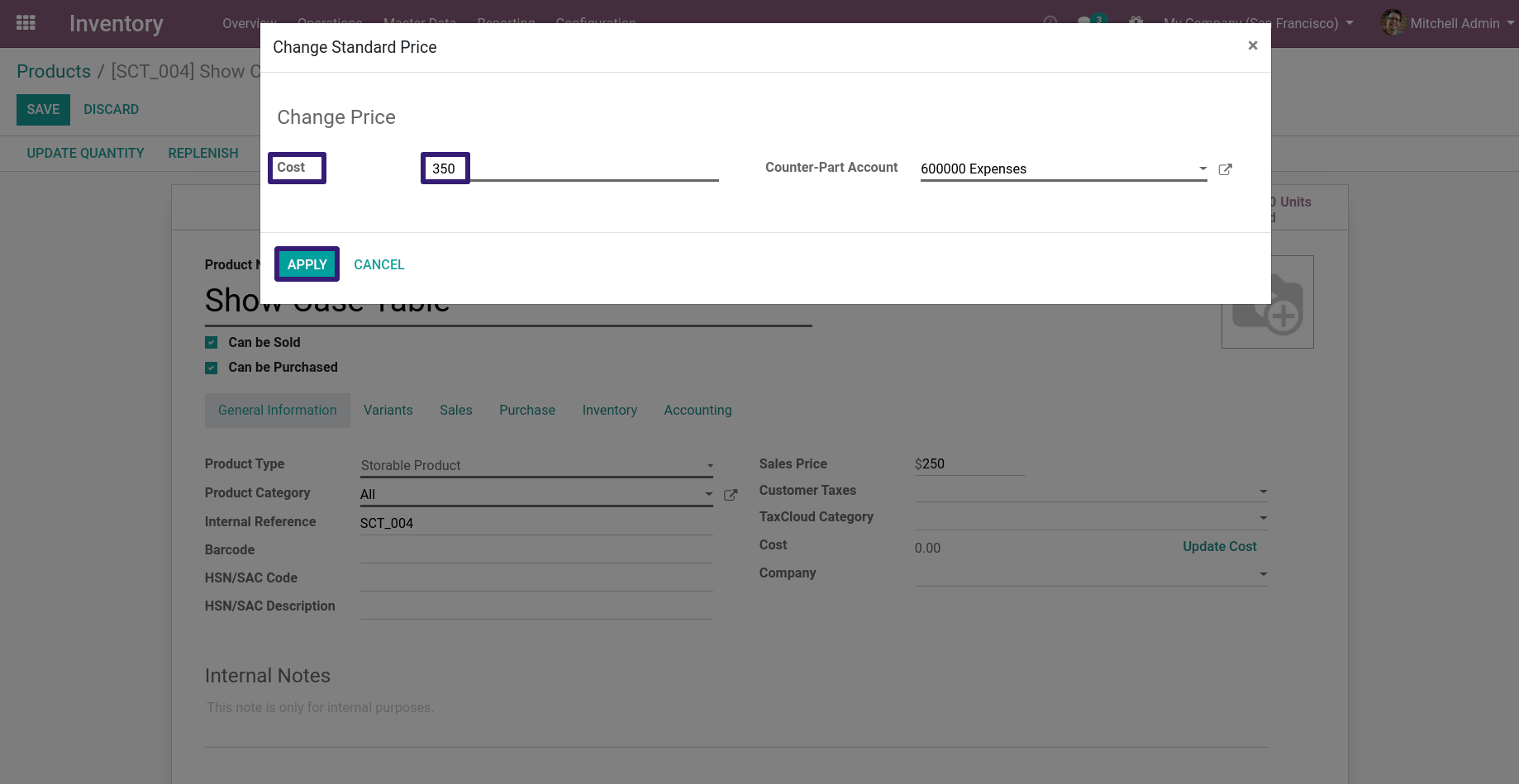 Update the Cost of Product In Odoo 13