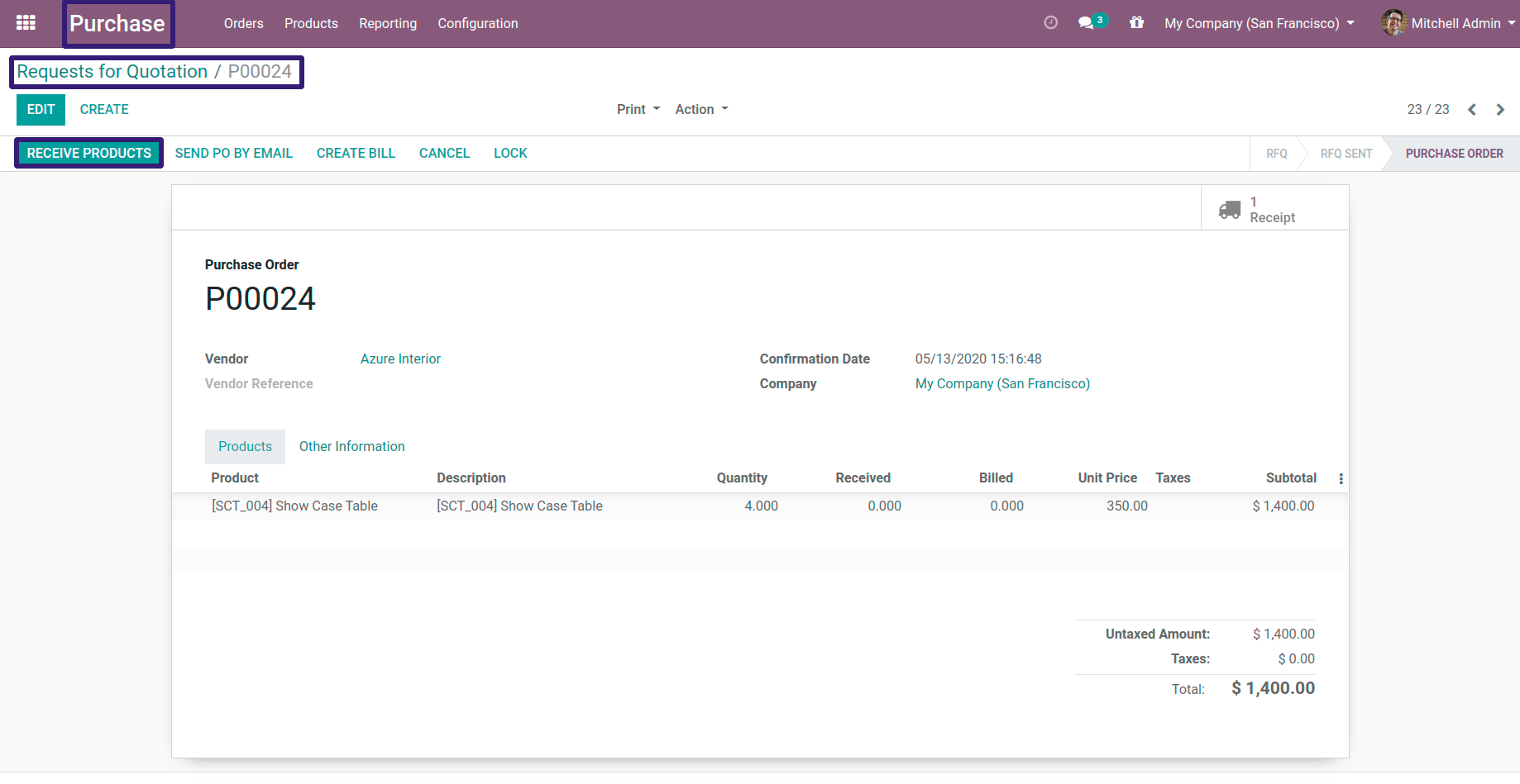 Receive Products in inventory In Odoo13