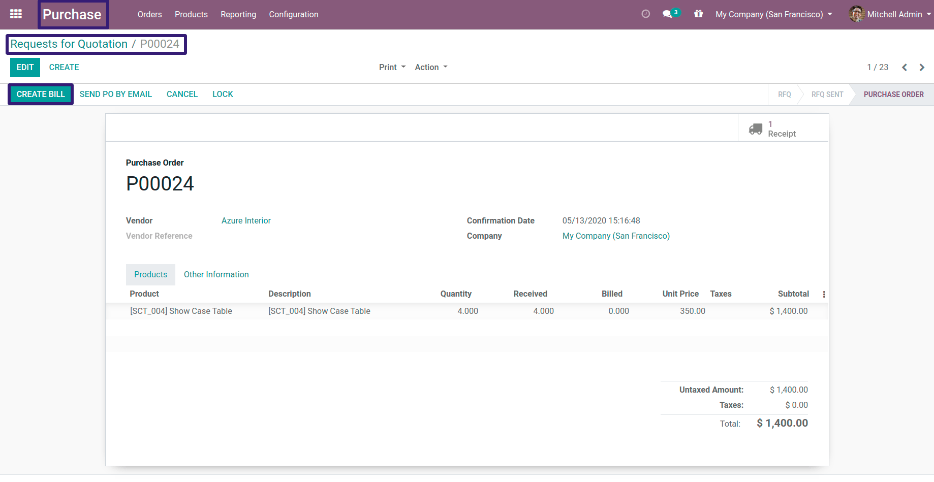 Click on Create Bill in odoo13