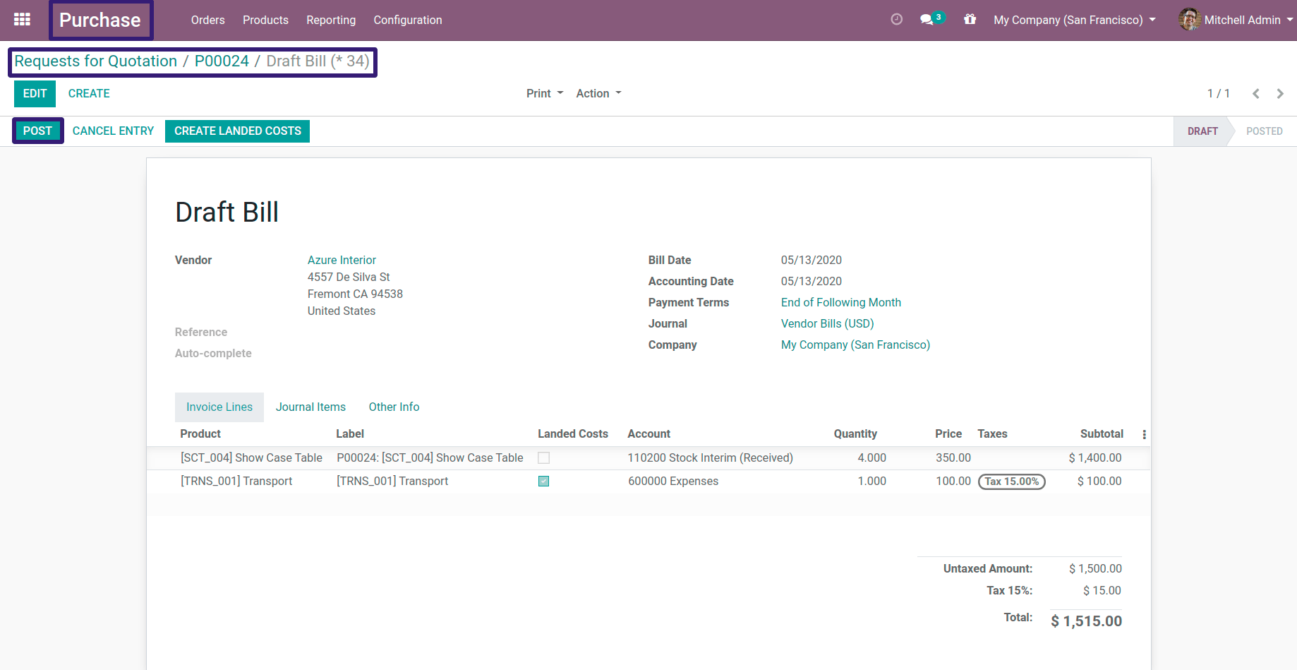 Post The Draft Bill in odoo13