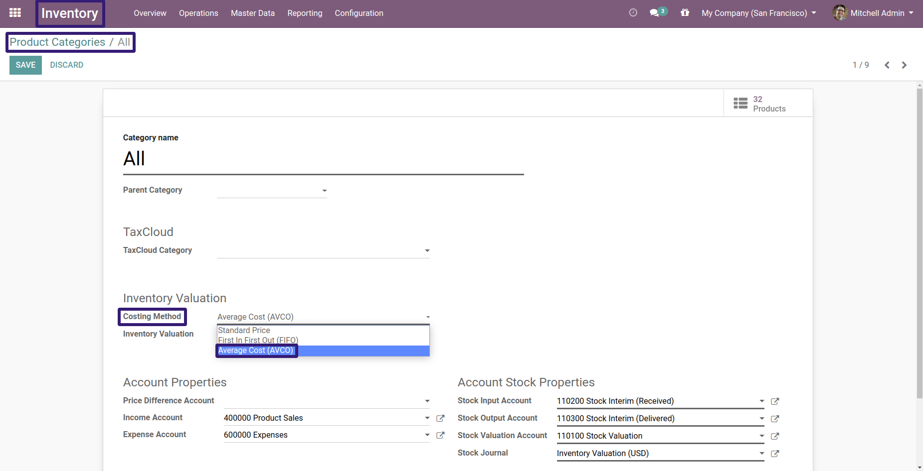 Costing Method Odoo 13