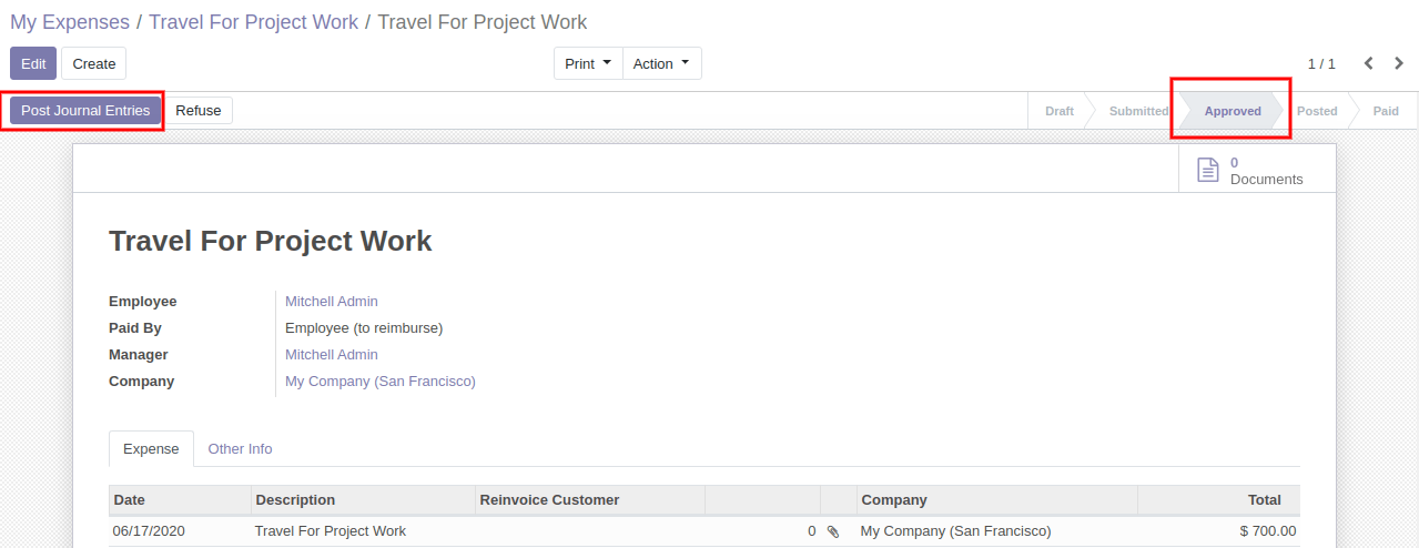 Approved Expense by Manager and Click on Post Journal Entries