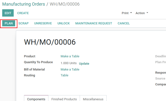 Click On Plan Button in Manufacturing Order In Odoo 13