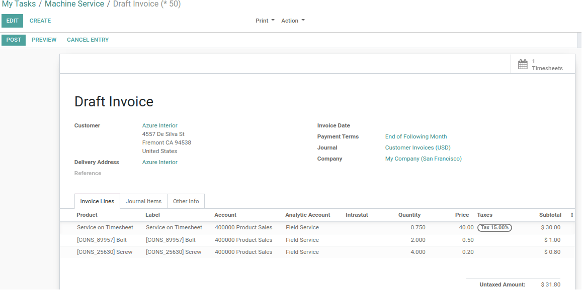 Created Draft Invoice by task