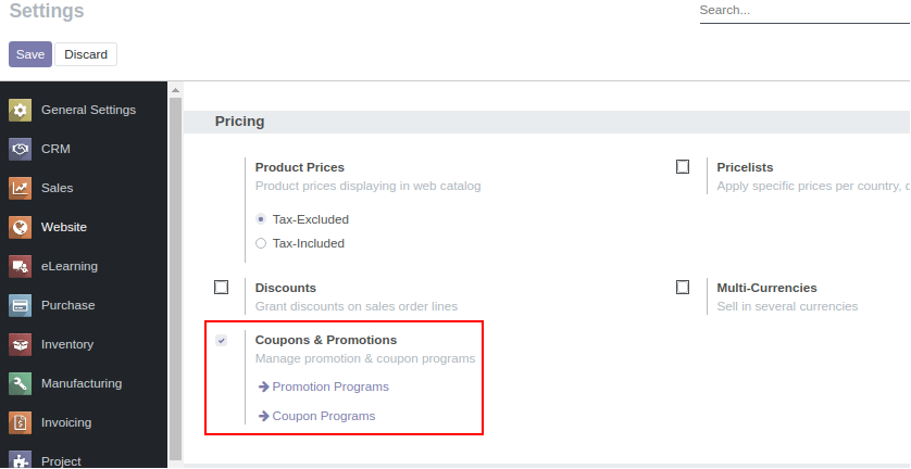 Configuration For Coupons and Promotions In Odoo eCommerce