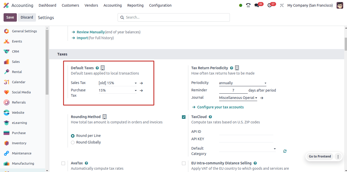 Default Taxes Configuration