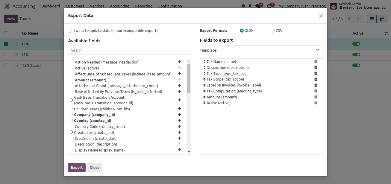 Export Data Window