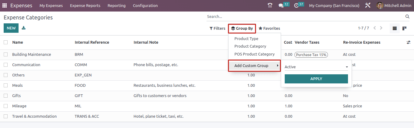 Expense Categories Group By