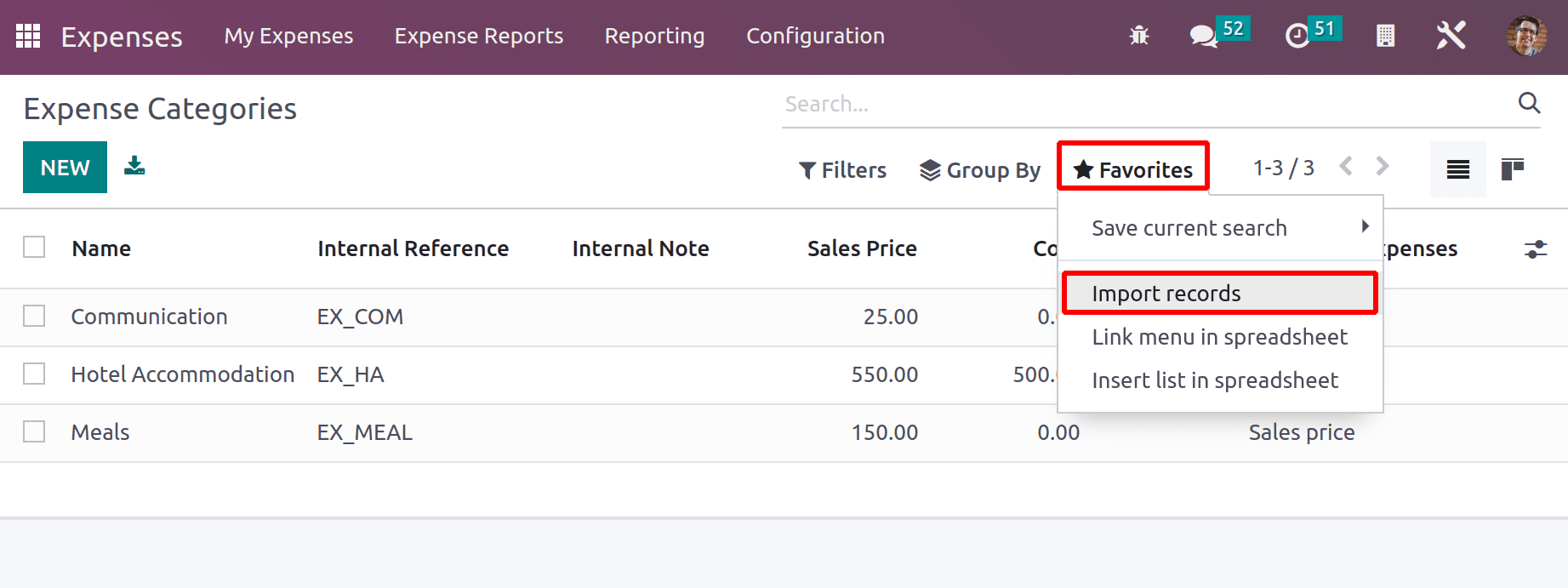 Expense Categories Favorites