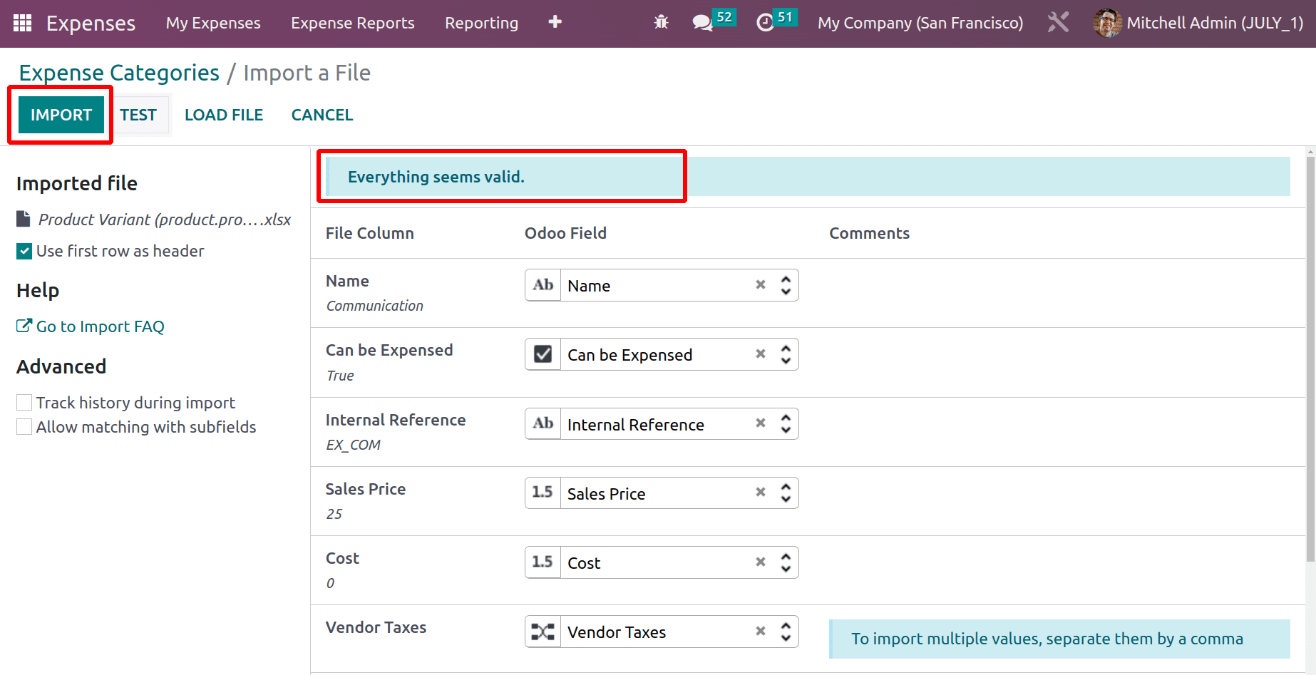 Import Expense Category