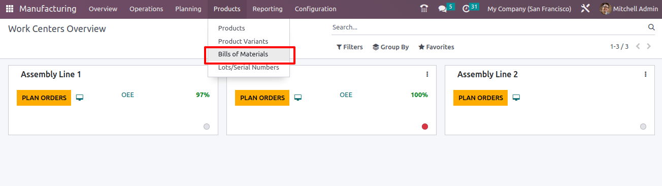 Bill of Materials Sub-menu