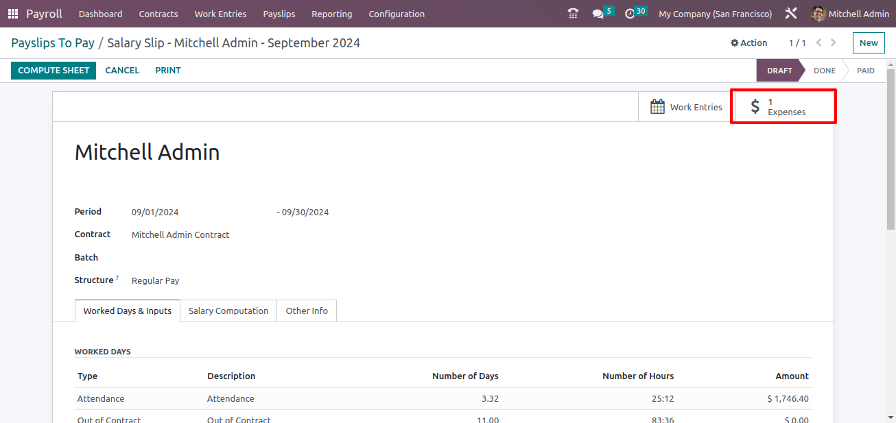the newly created expense on the payslip for employee Mitchell Admin