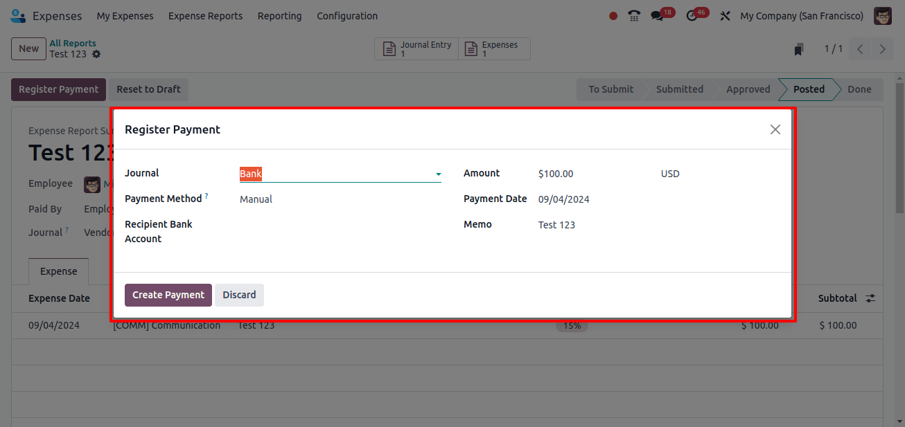 Register Payment option, a pop-up window