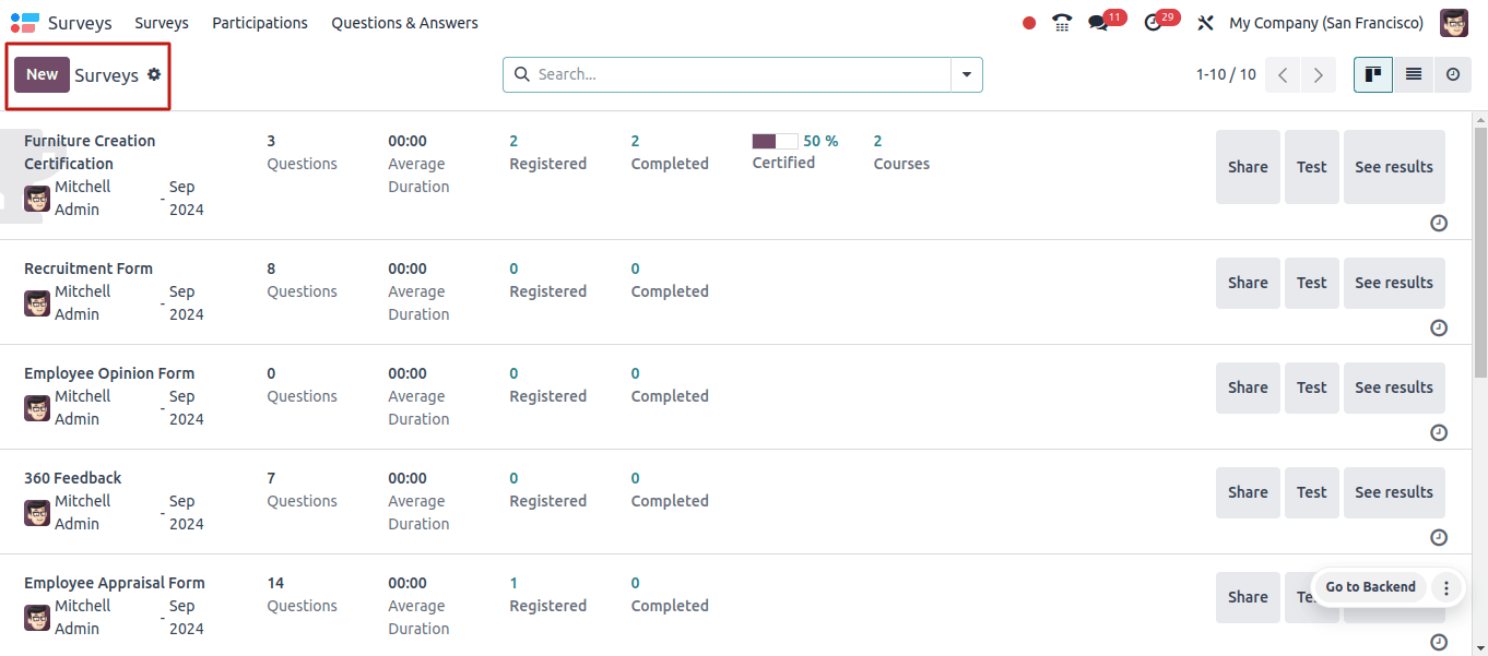 Surveys Menu